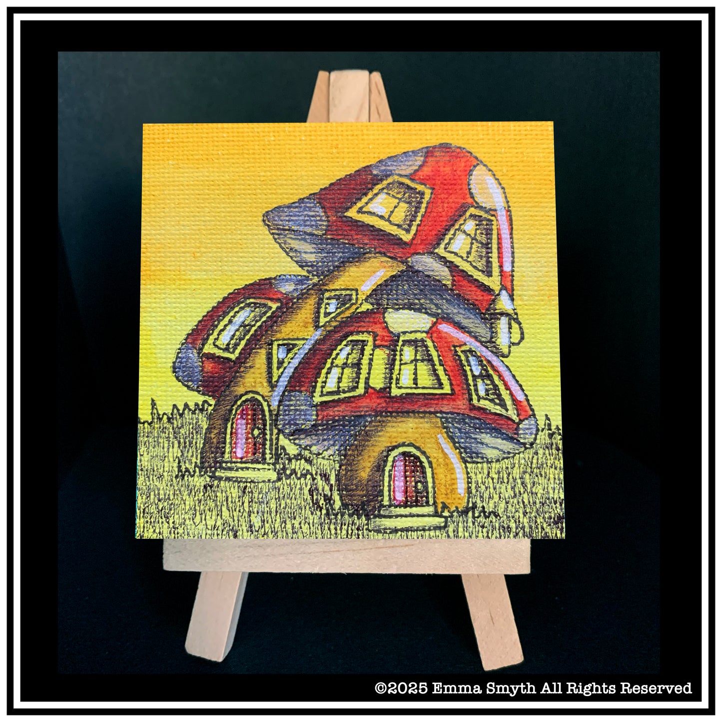 Sunny Mushroom Houses Mini Canvas 7.5 x 7.5cm
