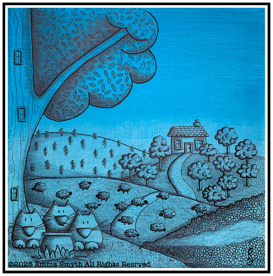 The Three Witches Original Pen and ink and Acrylic on Canvas 20x20cm. Unframed.