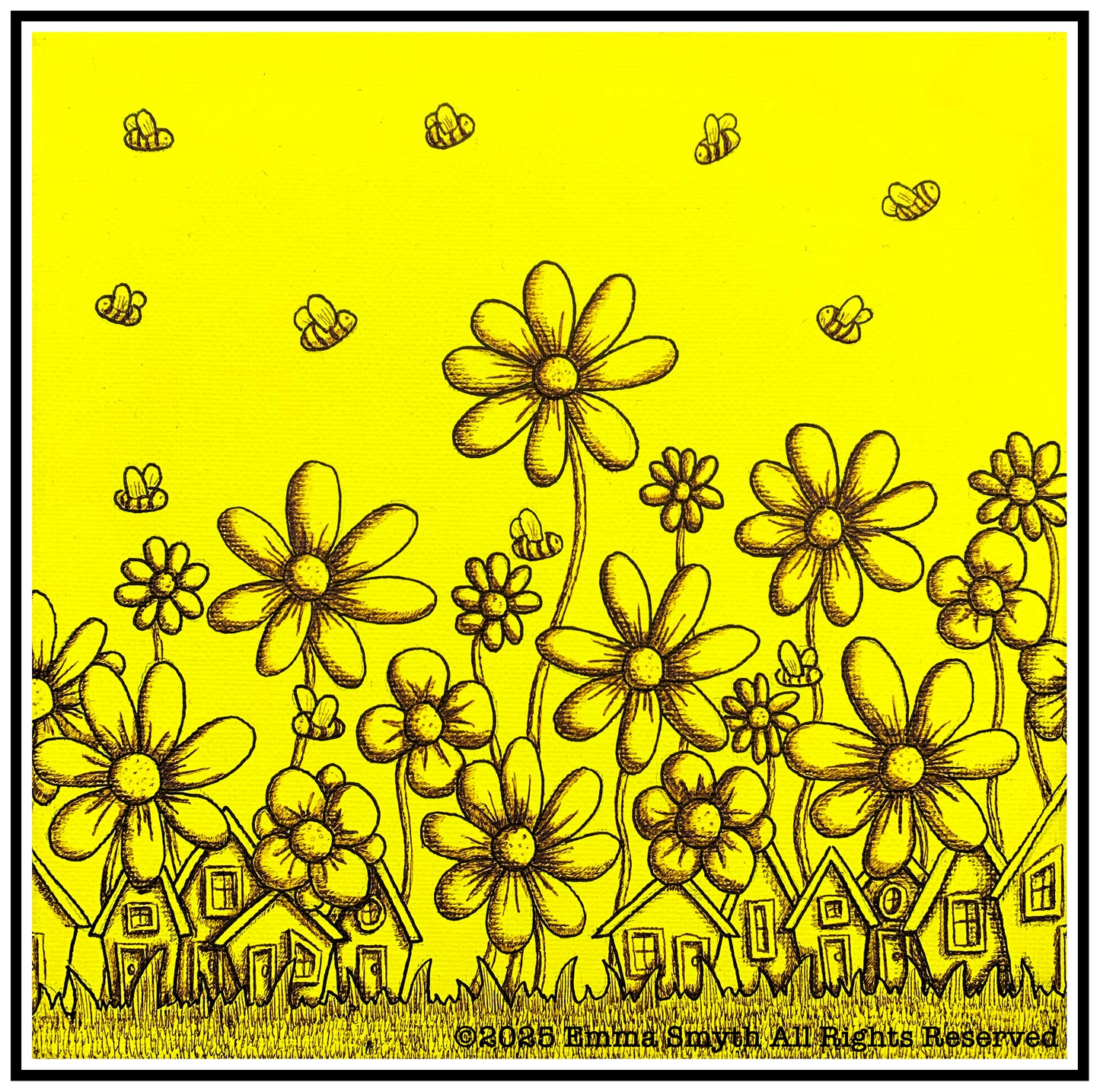 Busy Bees Original Pen and ink and Acrylic on Canvas 20x20cm